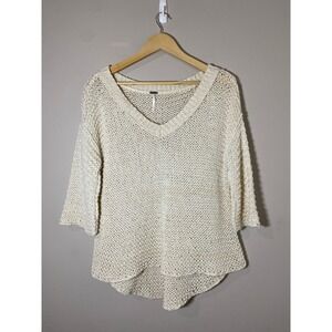 Free People XS Cream Open Knit V-Neck Sweater 3/4 Sleeve High-Low Cotton Blend